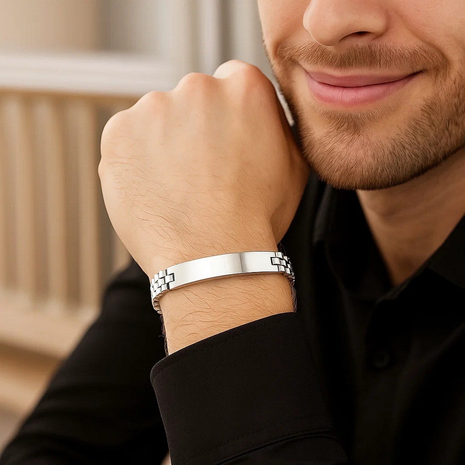 Sterling Silver Rhodium Plated Railroad Chain ID Bracelet