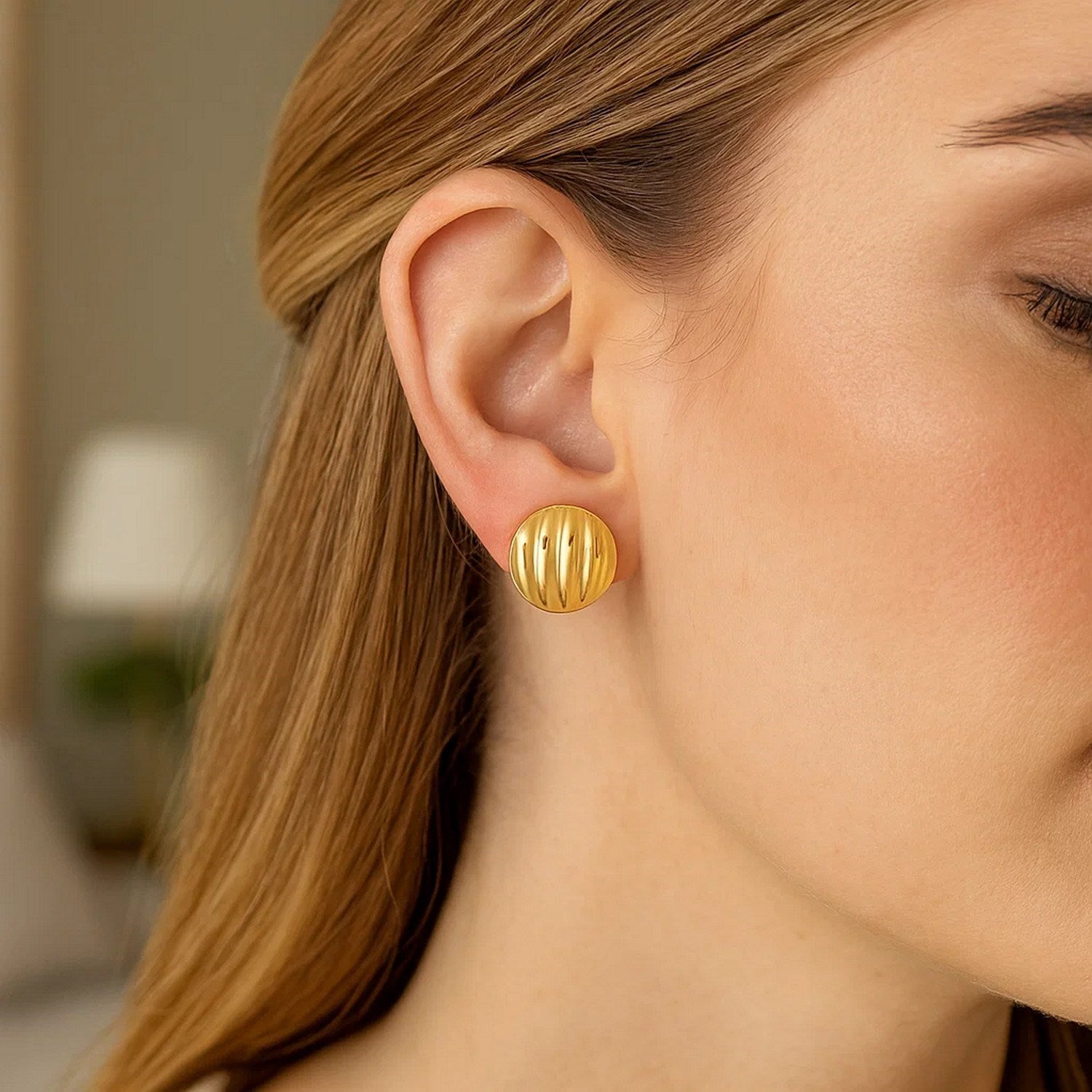 Sterling Silver Yellow Gold Plated Sculpted Domed Disc Stud Earrings