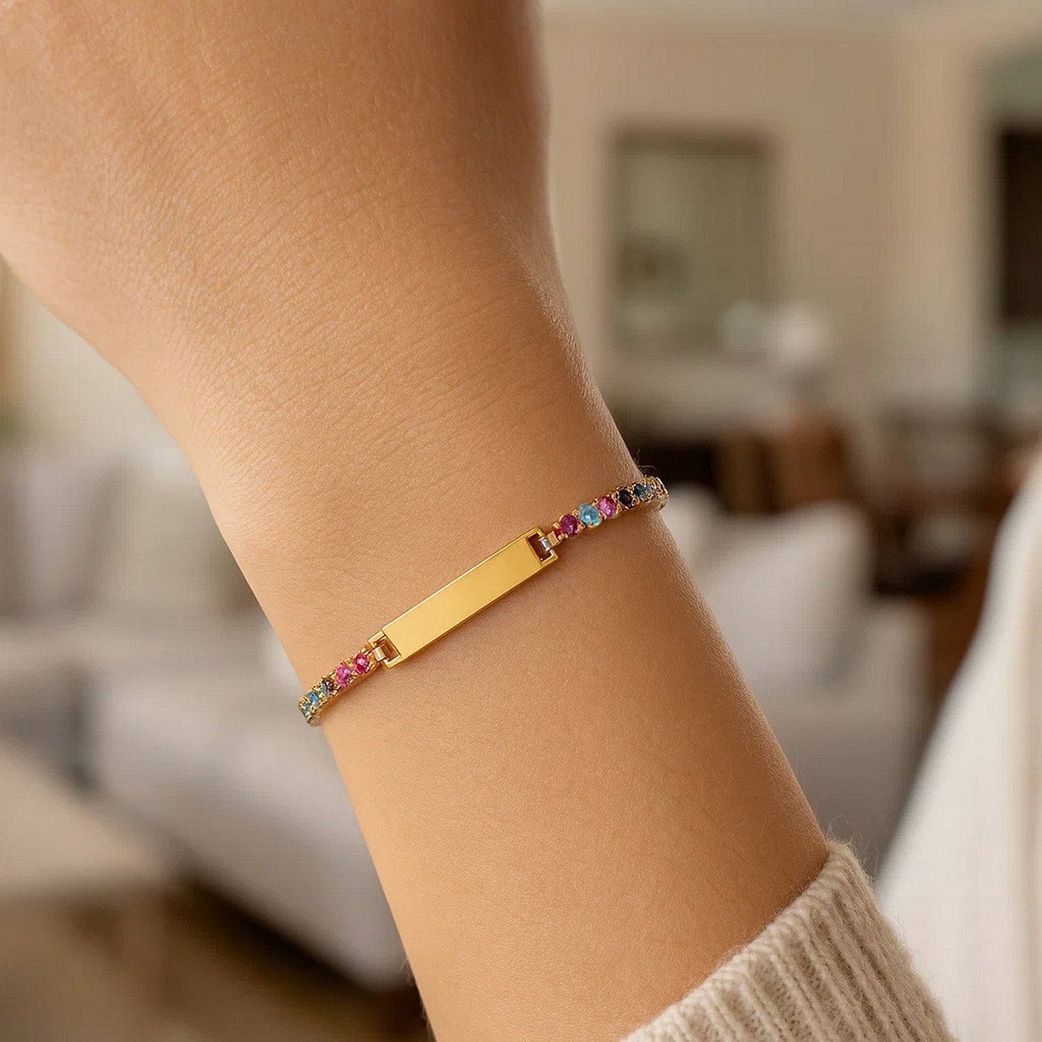 Sterling Silver Gold Plated Rainbow CZ ID Bracelet (2.70 mm)