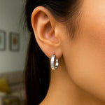 Sterling Silver Flat Style Oval Hoop Earrings with Rhodium Plating(4x14mm)