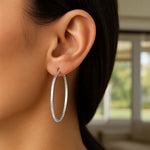 Ridge Textured Hoop Earrings in Sterling Silver(2x50mm)