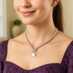 Sterling Silver Rhodium Plated Bead Toggle Heart Necklace